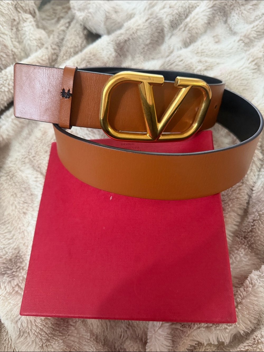 Valentino Garavani Tan Leather Belt with Gold V Logo Buckle size 80